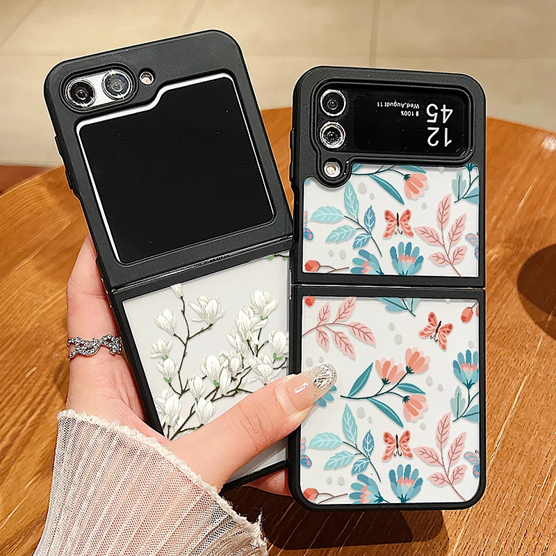 

Colourful Floral Folding Case For Samsung Galaxy Z Flip4 Flip5 Flip6 Metal Buckle Clear Acrylic Cover For Samsung Z Flip 6 5 4