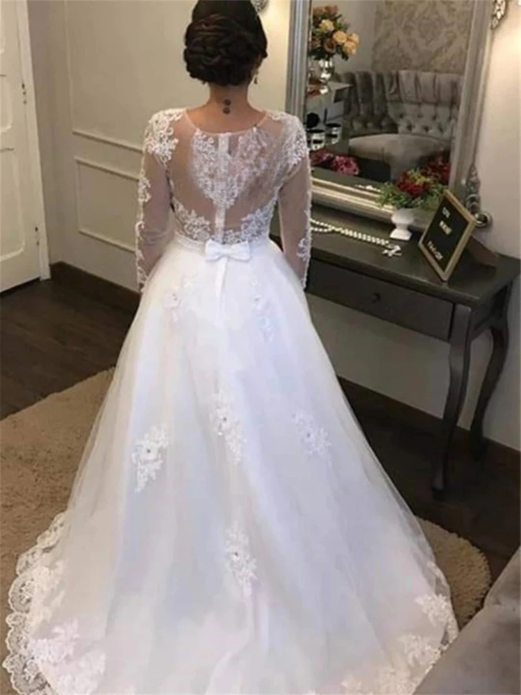 Vestido De novia De manga larga, traje De dos piezas, corte en A, cuello redondo, apliques cortos, fiesta De boda