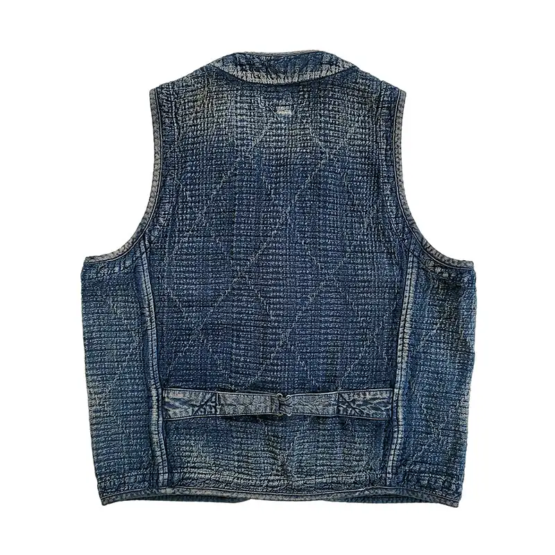 Men's Indigo Dyed Distressed Sashiko Vest Japanese Style