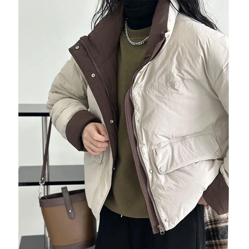 2023 Women White Duck Down Jacket Coat Stand Collar Color Patchwork Long Sleeve Thick Parka Fashion Jacket Coat Tops