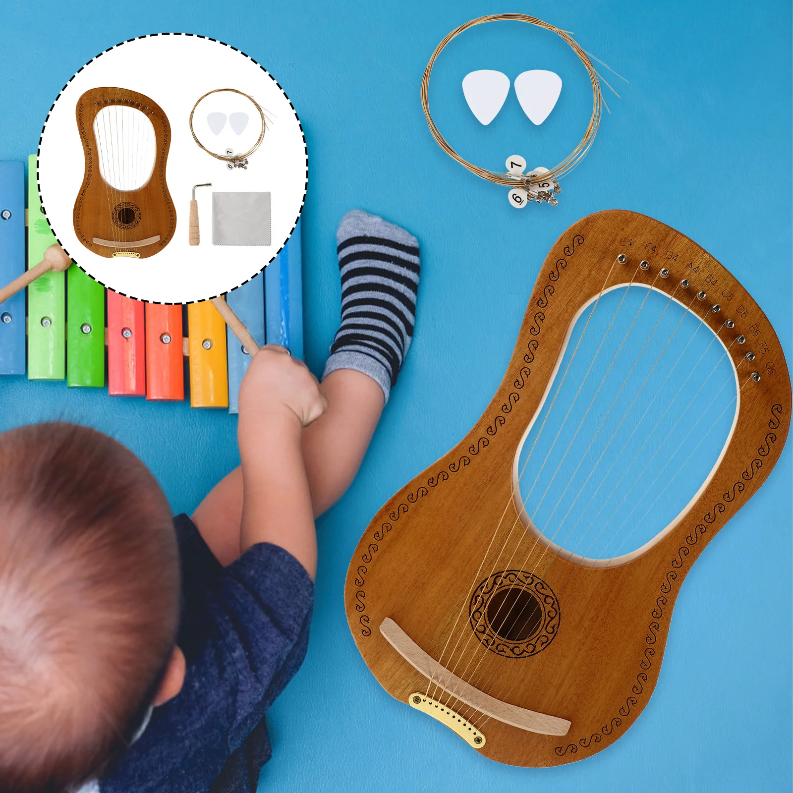 

1Set Wood Lyre Harp 10 Strings Handheld String Instrument Small Lightweight Portable Beginner Musical Instrument