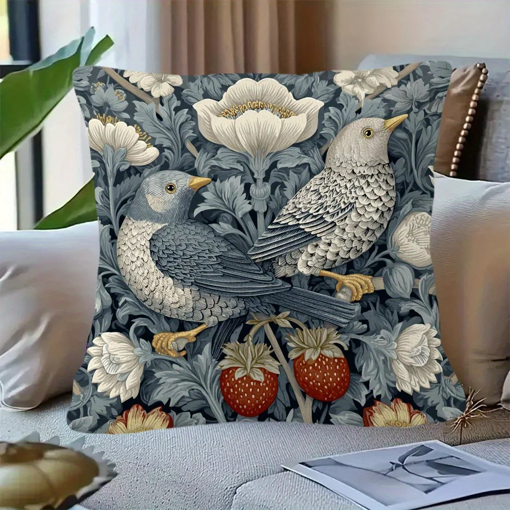 1pc William Morris Bird Floral Throw Pillow Cover 2D Double-Side Print Polyester Cushion Case for Home Sofa Car Bedroom Decor