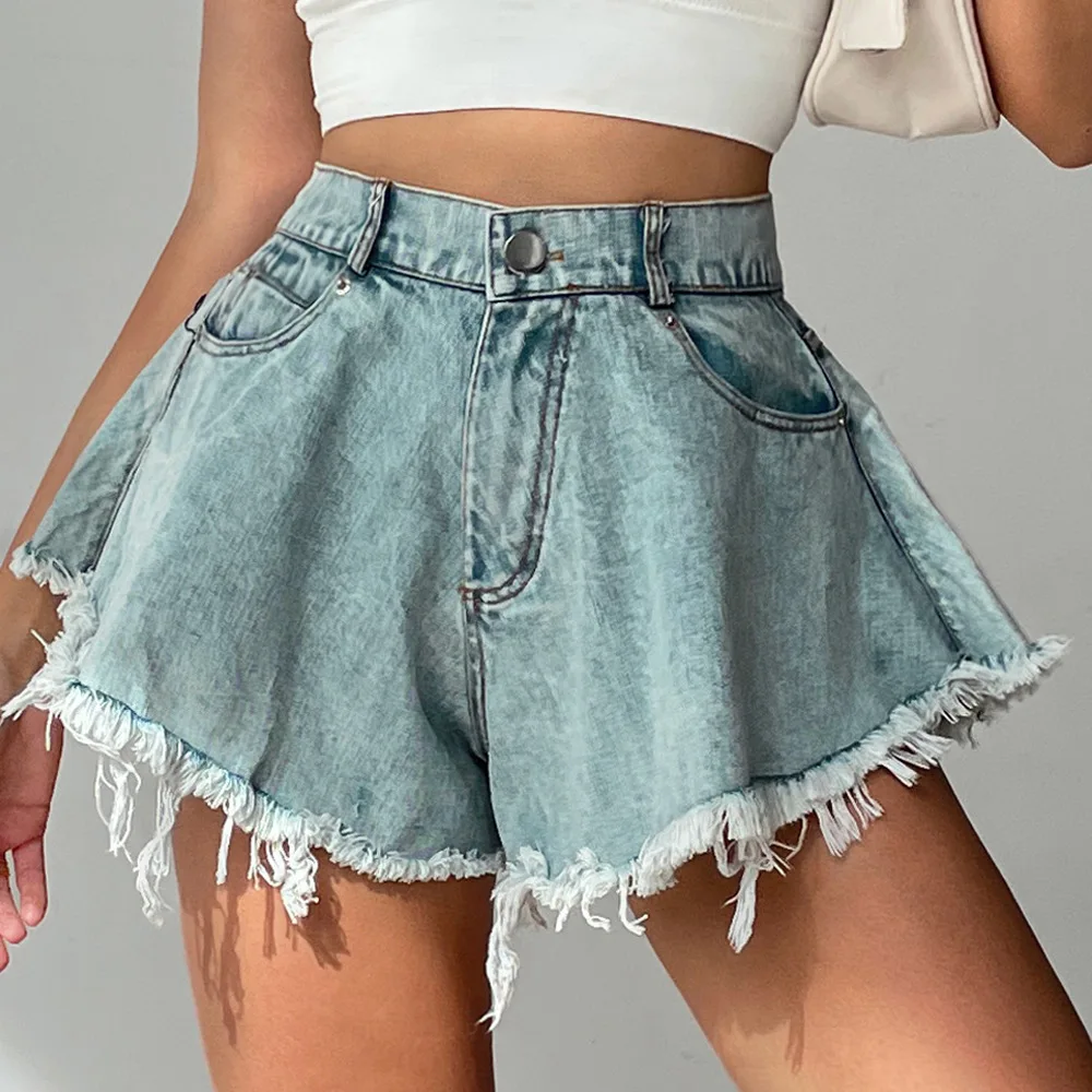 Summer Denim Hole Tassel Shorts Women High Waist Button Wide Leg Short Pants Fashion Sexy Casual Female Loose All Match Jeans