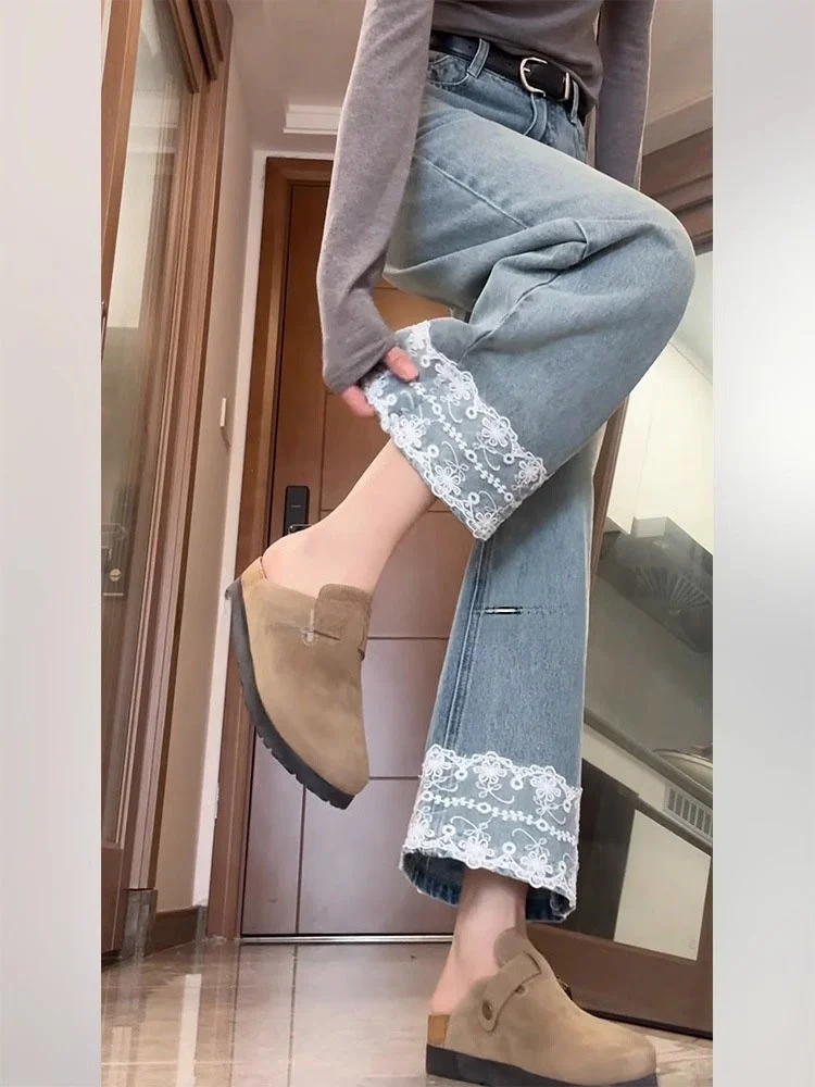 Pantalones vaqueros de pierna recta con empalme de encaje de talla grande para mujer, pantalones de pierna ancha adelgazantes de cintura alta, ropa de verano, tela vaquera resistente