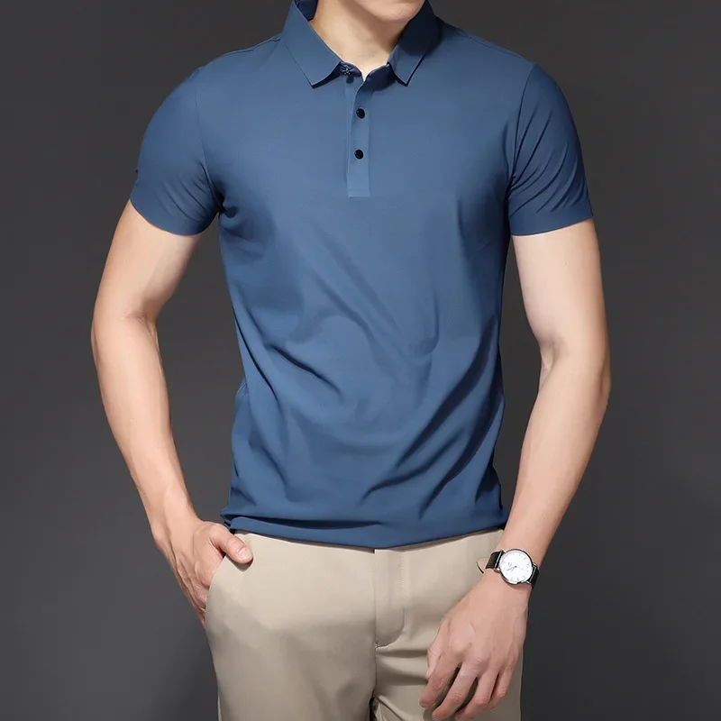 Summer Ice Silk Mens Polo Shirts Luxury Short Sleeve Solid Color Business Casual Male Tops Fashion Simple Slim Man Tees