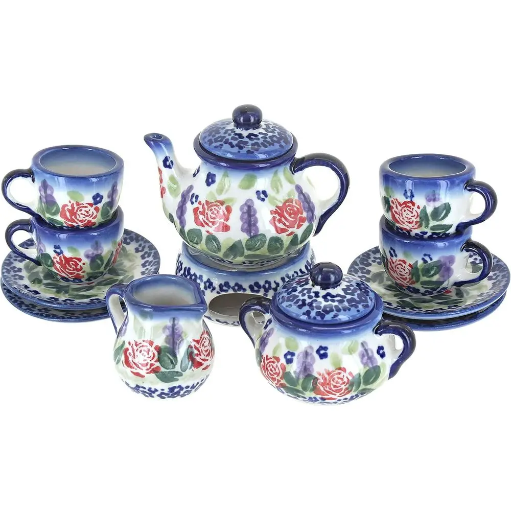 Cerámica Polaca Blue Rose - Juego de Té en Miniatura con Rosas Rojas - 1 Juego - Juego de Té Coleccionable de Cerámica Polaca con Tetera y Tazas, Decoración