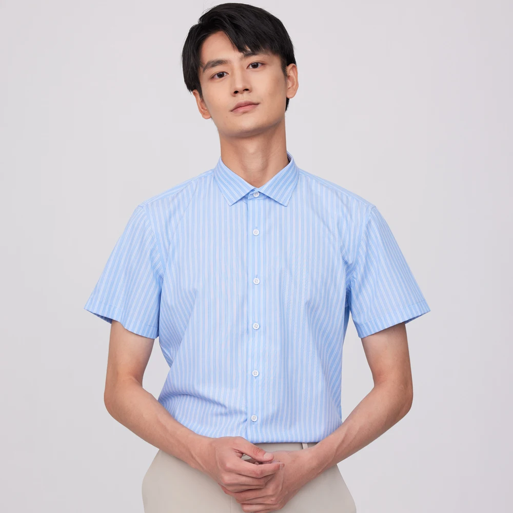 

Men's Short Sleeve Non-iron Slight Strech Striped Dress Shirt Without Pocket Wrinkle Free Regular-fit Business Office Shirts