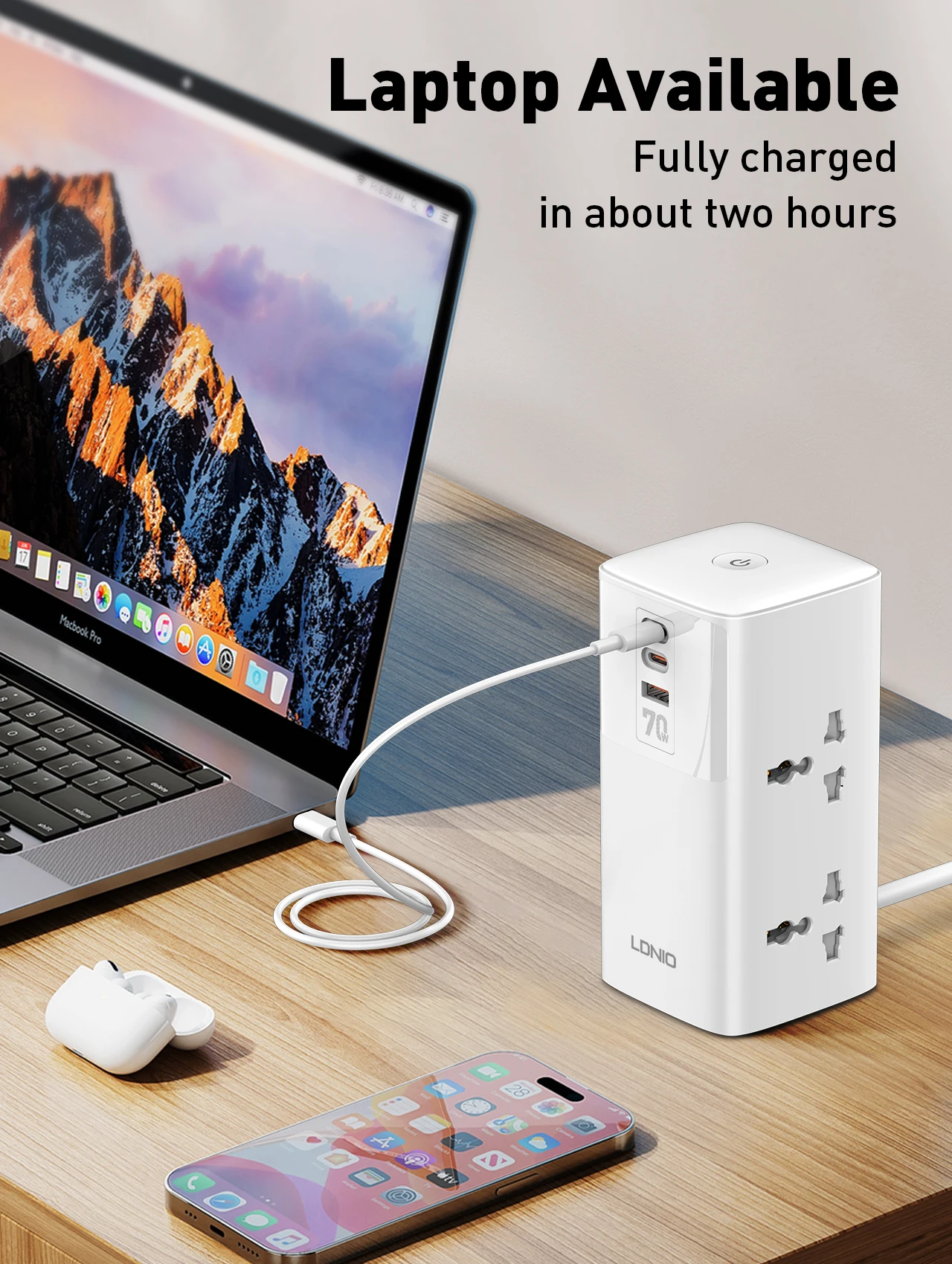 LDNIO 70W USB C Charger 4 AC Outlets 4 USB C USB A Port Power Strip 2M Extension Cord Power Socket Fast Charging Desktop Charger