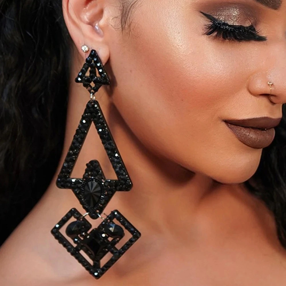 

Stonefans Bling New Rhinestone Black Long Drop Earrings Hot Selling Exaggerated Triangle Crystal Earring for Women Carnival Gift