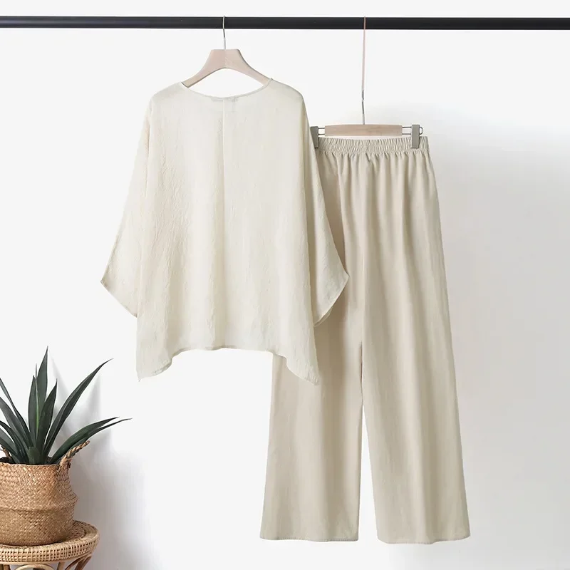 2024 Summer Fashion Cotton Linen Women's Set Large Irregular Linen Shirt High Waist Loose Wide Leg Pants Elegant Two Piece Set