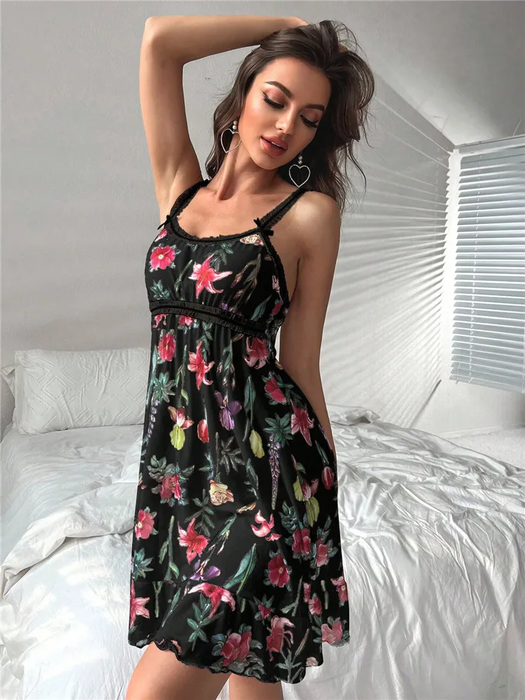 Floral Print Contrast Mesh Ruffle Hem Cami Nightdress Bride Nightwear  Babydoll Vintage Sleep Dress