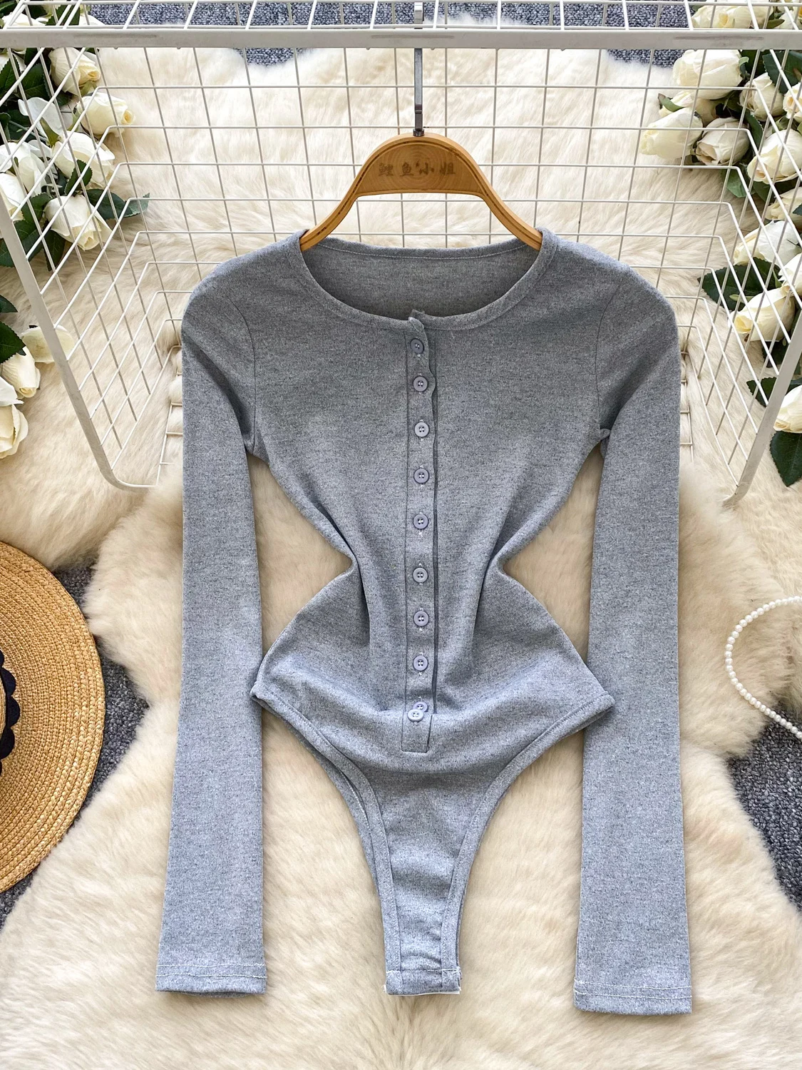 

Женский серый боди, комбинезоны Y2k, корейский стиль, комбинезоны с длинными рукавами и круглым вырезом, винтажные комбинезоны для женщин, модная одежда