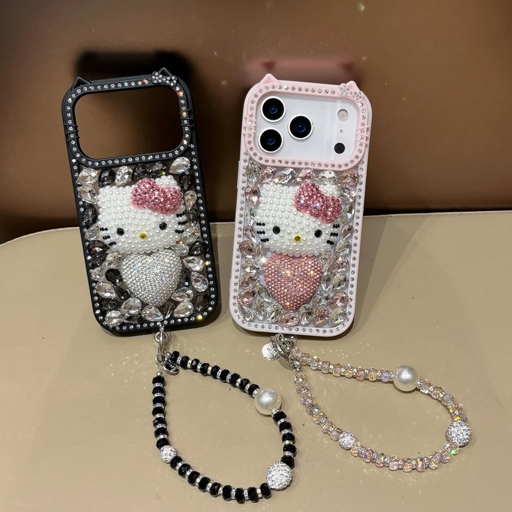Hello Kitty Rhinestone Bling Crystal Phone Cases Chain For iPhone 17 Air 16 15 14 13 Pro Max Plus Cover with Wrist Hand Strap