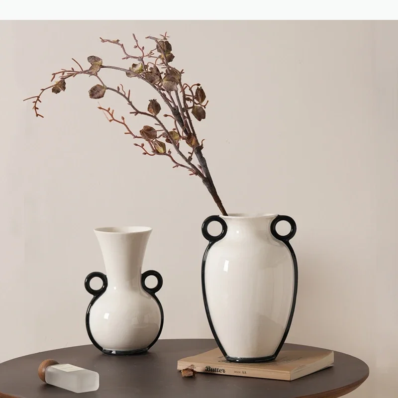 Double-ear Handles Ceramic Vase Minimalist Flower Pots Desk Decoration Flower Arrangement Floral Vases Room Aesthetic Decor
