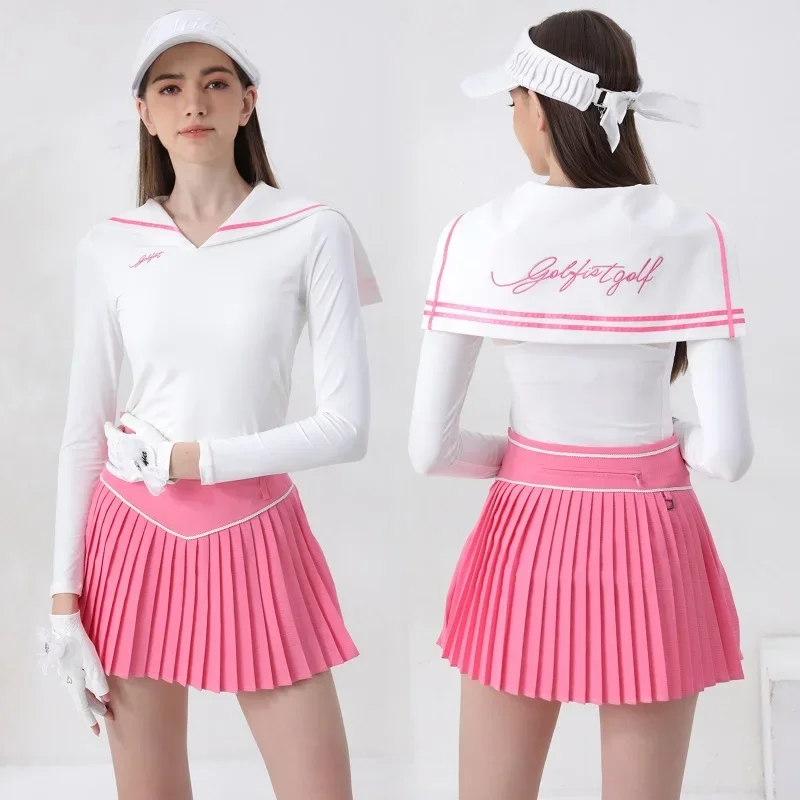 Golfist Shawl Collar Golf Shirts Long Sleeve Letter Printed Top Ladies Golf Pleated Skirt Sports Breathable A-lined Skort Outfit