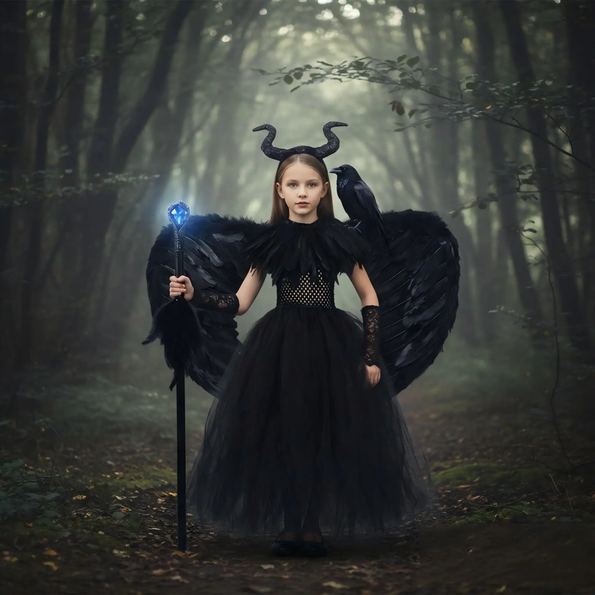 Gothic Girls Dark Evil Witch Cosplay Luxury Lace Black Dress Kids Halloween Purim Carnival Party Costume Outfit