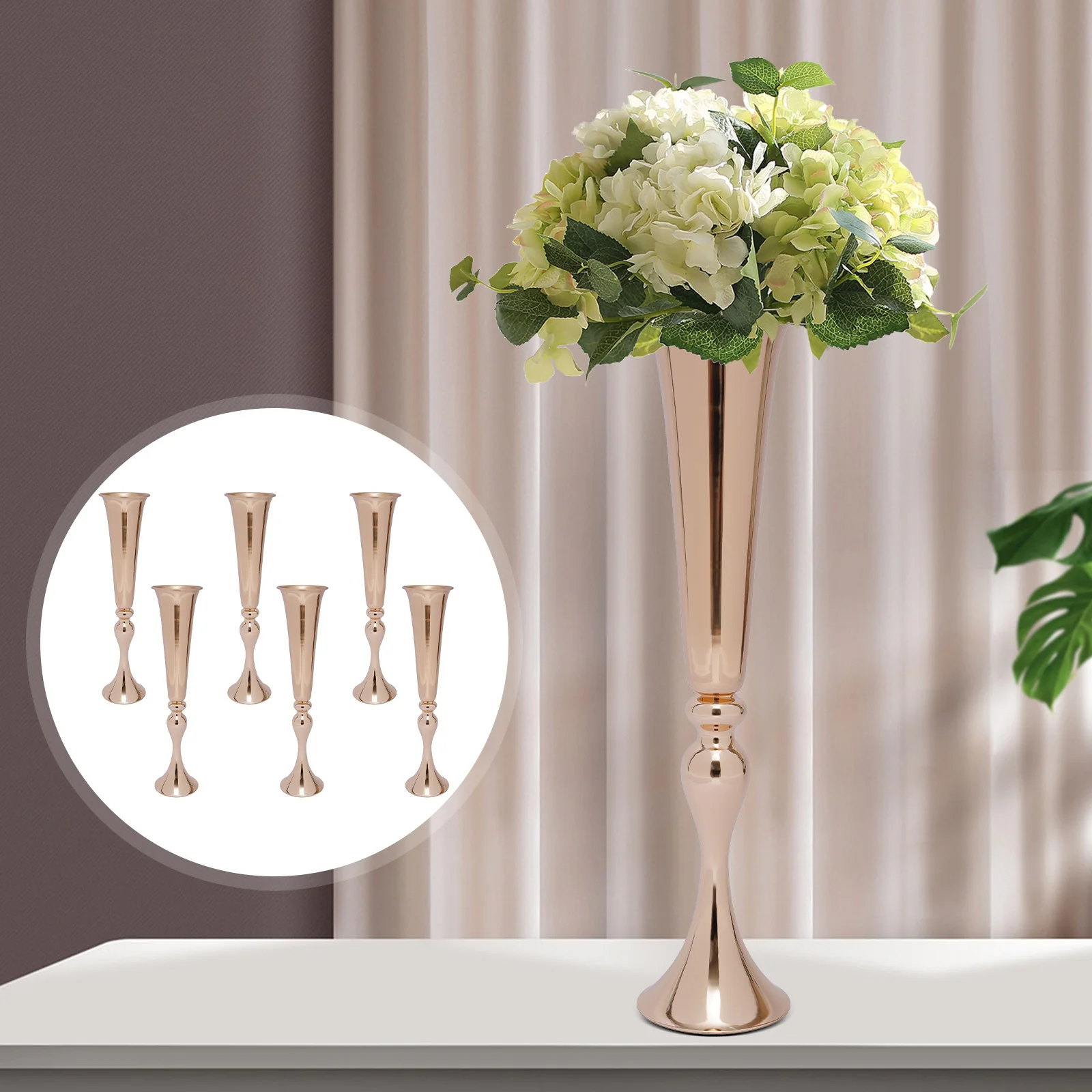 [Vase de hierro dorado] Florero dorado de hierro de alta resistencia de 6 piezas - Diseño acampanado alto para bodas en casa - Acabado de espejo resistente a impactos