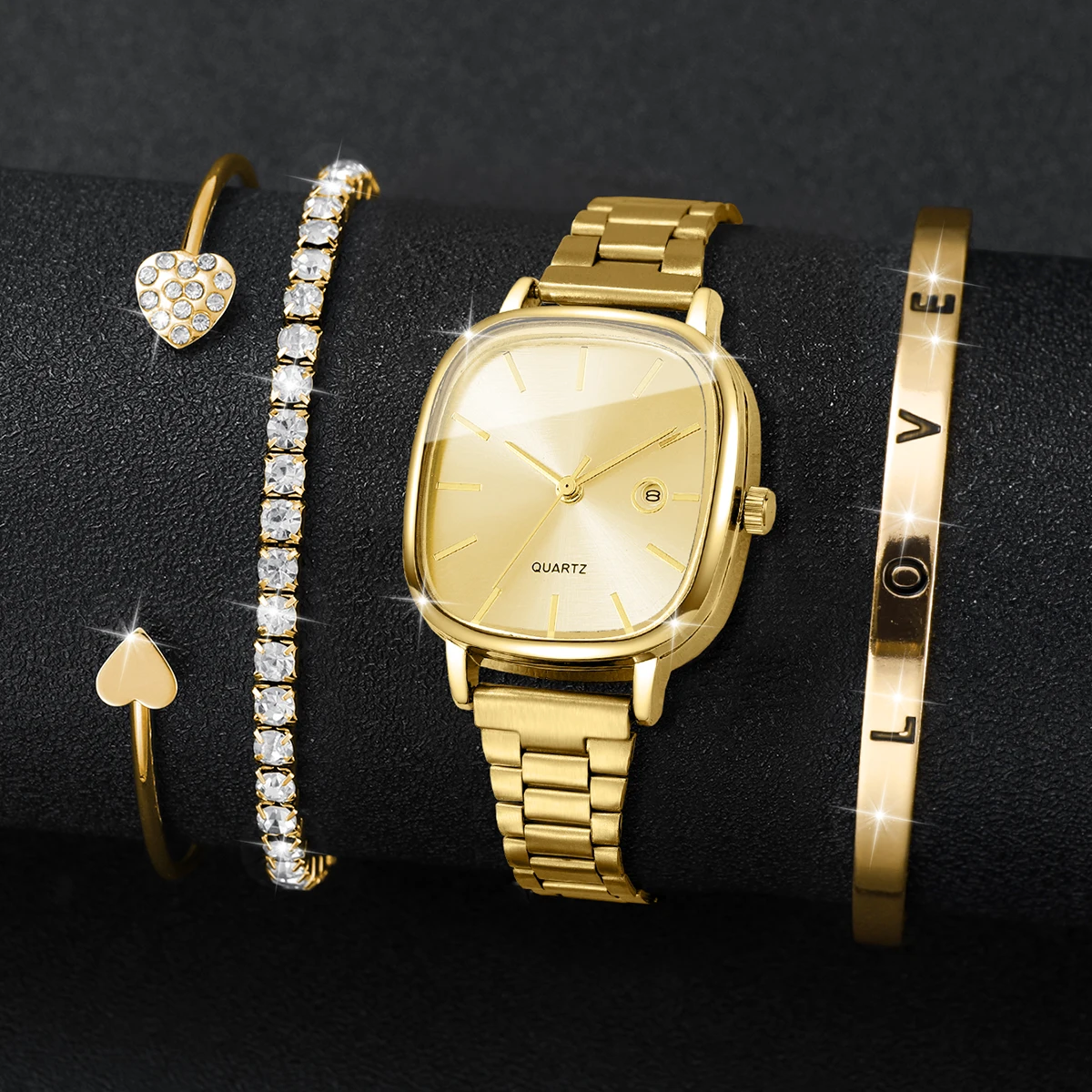 4 unids/set reloj de regalo para mujer conjunto de pulsera cuadrado escala Simple calendario Dial elegante exquisito reloj de cuarzo de moda (sin caja)