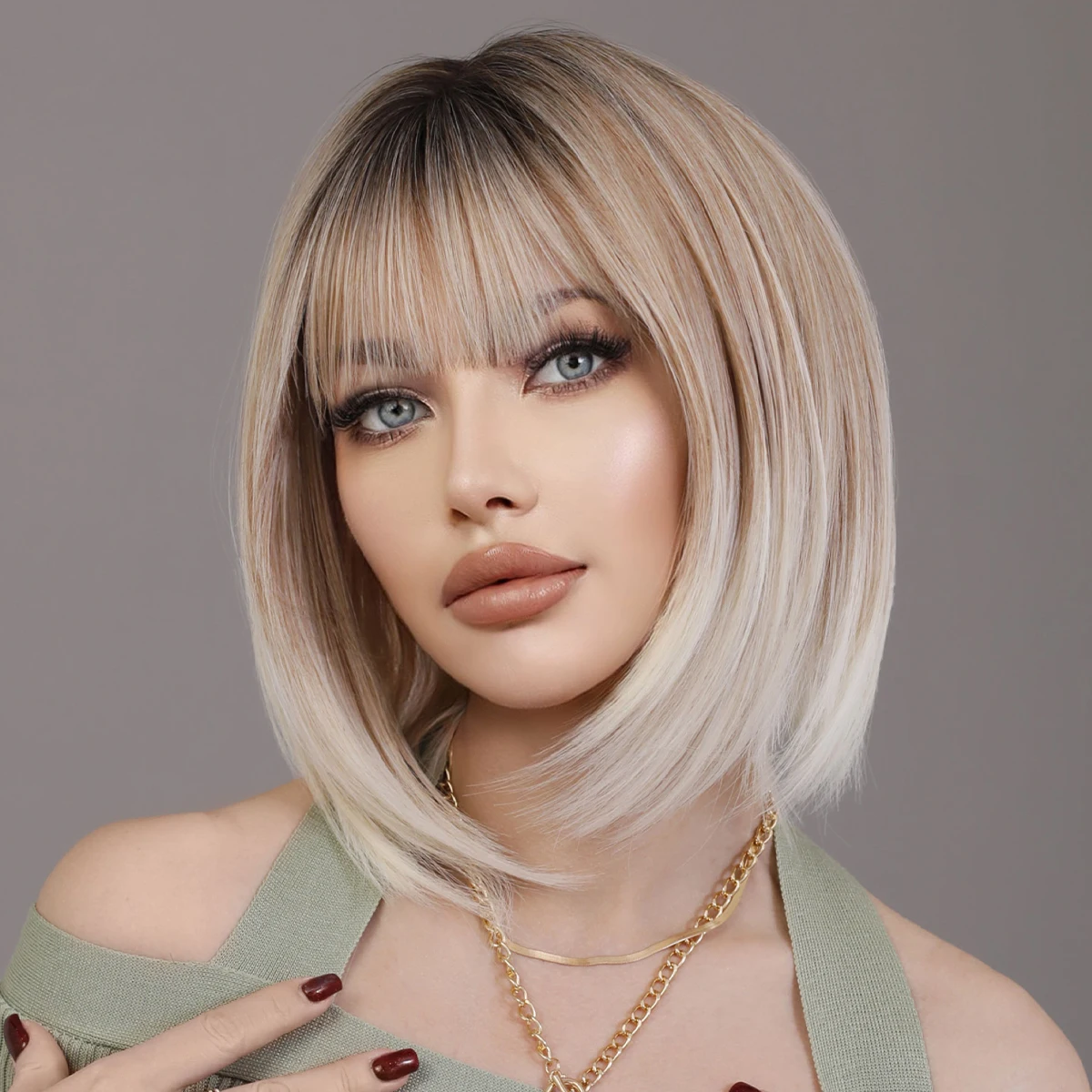 NAMM Ash Ombre Bob Blonde Women Wig for Women Daily Party Short Straight Wigs Syntetyczne peruki z puszystą grzywką Odporne na ciepło