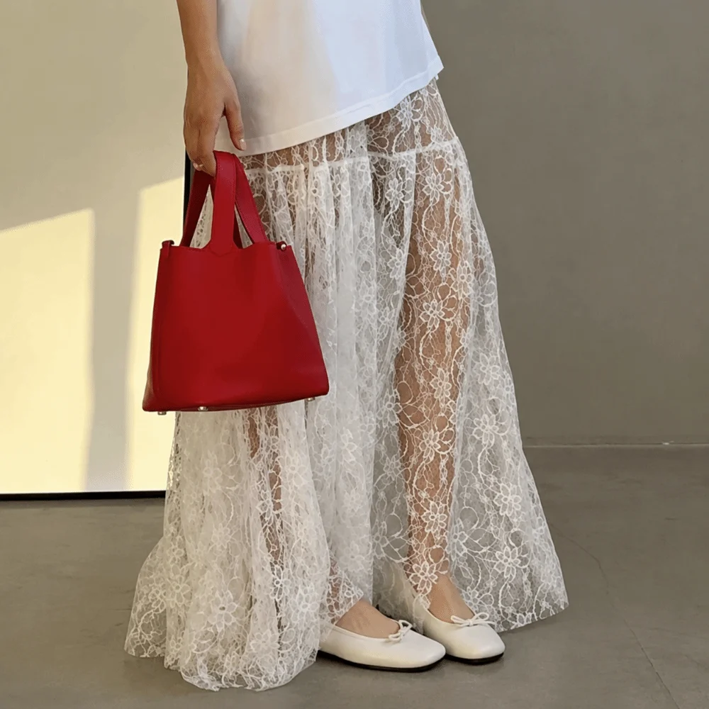 Jacquard Weave Skirt Bottom Sheer Mesh Loose Cut Lace Women Wear Soft Lace Trim High Waist Frame Waist Dress Piece Vacation Trip