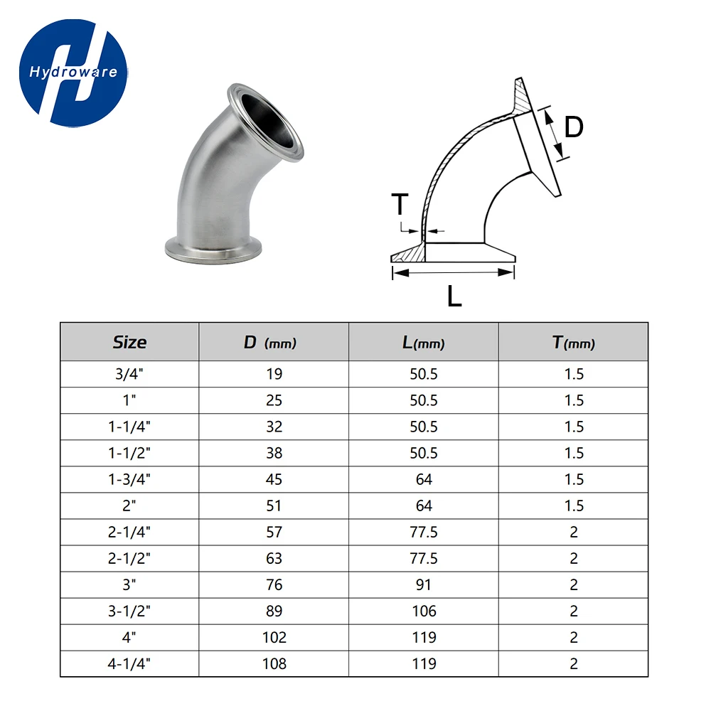 SS304 Stainless Steel Sanitary 45° Elbow - OD 19-108mm (3/4