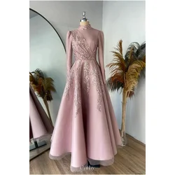 Cathy Pink Flowers Embroidery A-line Party Dresses Sequin Long Sleeves vestidos de noiva High Neck Ankle-Length Evening Dresses