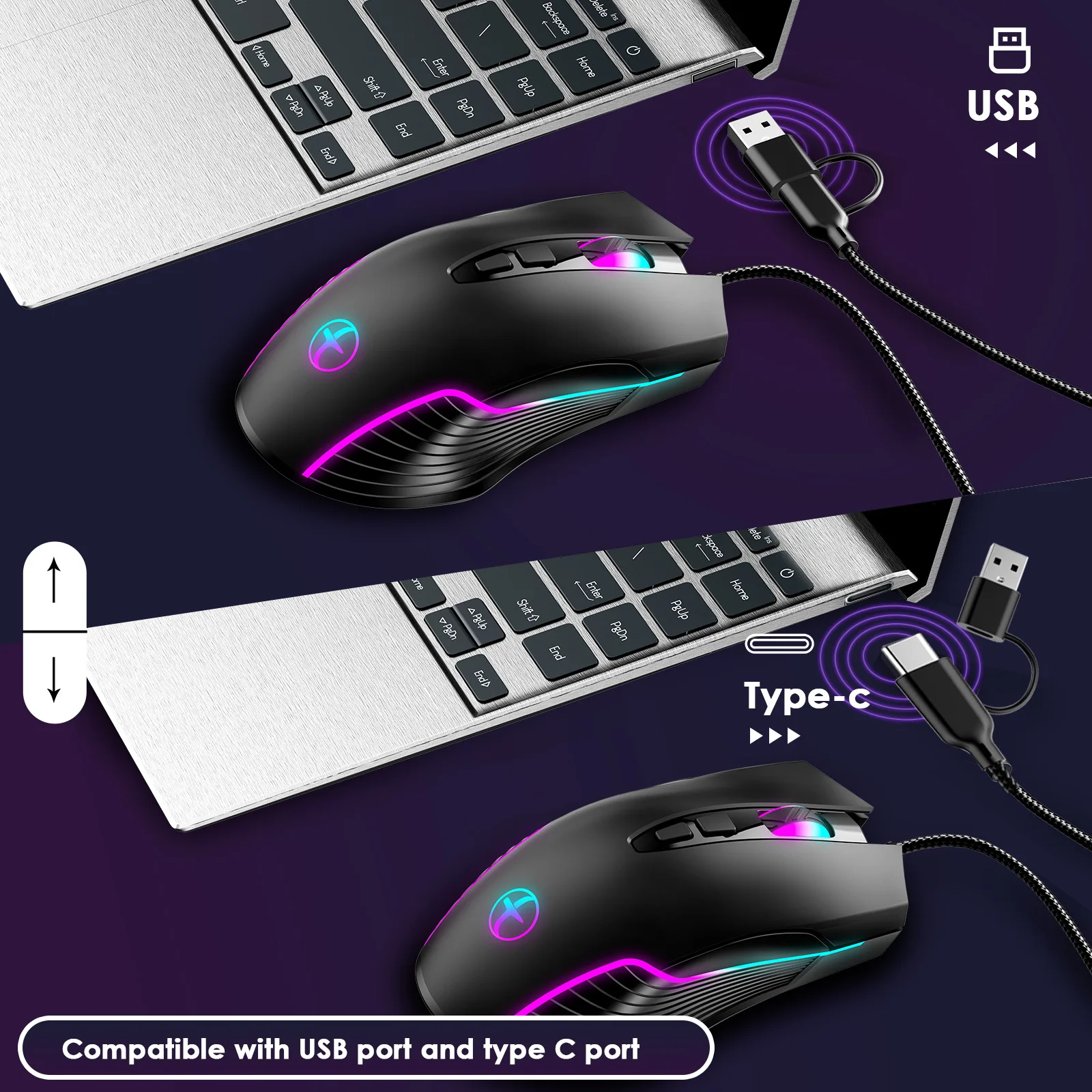 Wired Game Office Mouse RGB Light Effect 7200 Resolution Adjustable Compatible Type-C USB Plug And Play Office Use Play Game