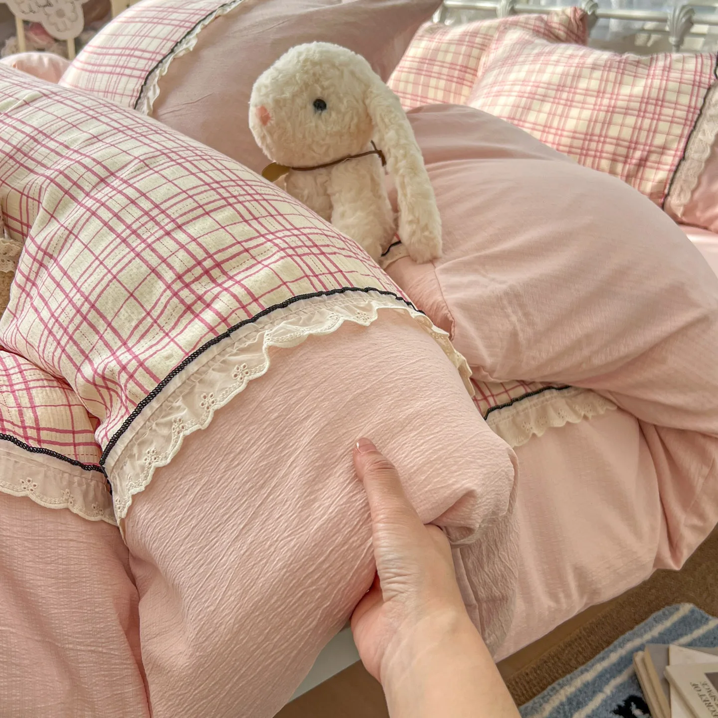 2026 Korean Princess Style Bedding Sets Lace Grid Floral Quilt Cover Bedclothes Decor Woman Girls Bedroom Duvet Cover 4pcs