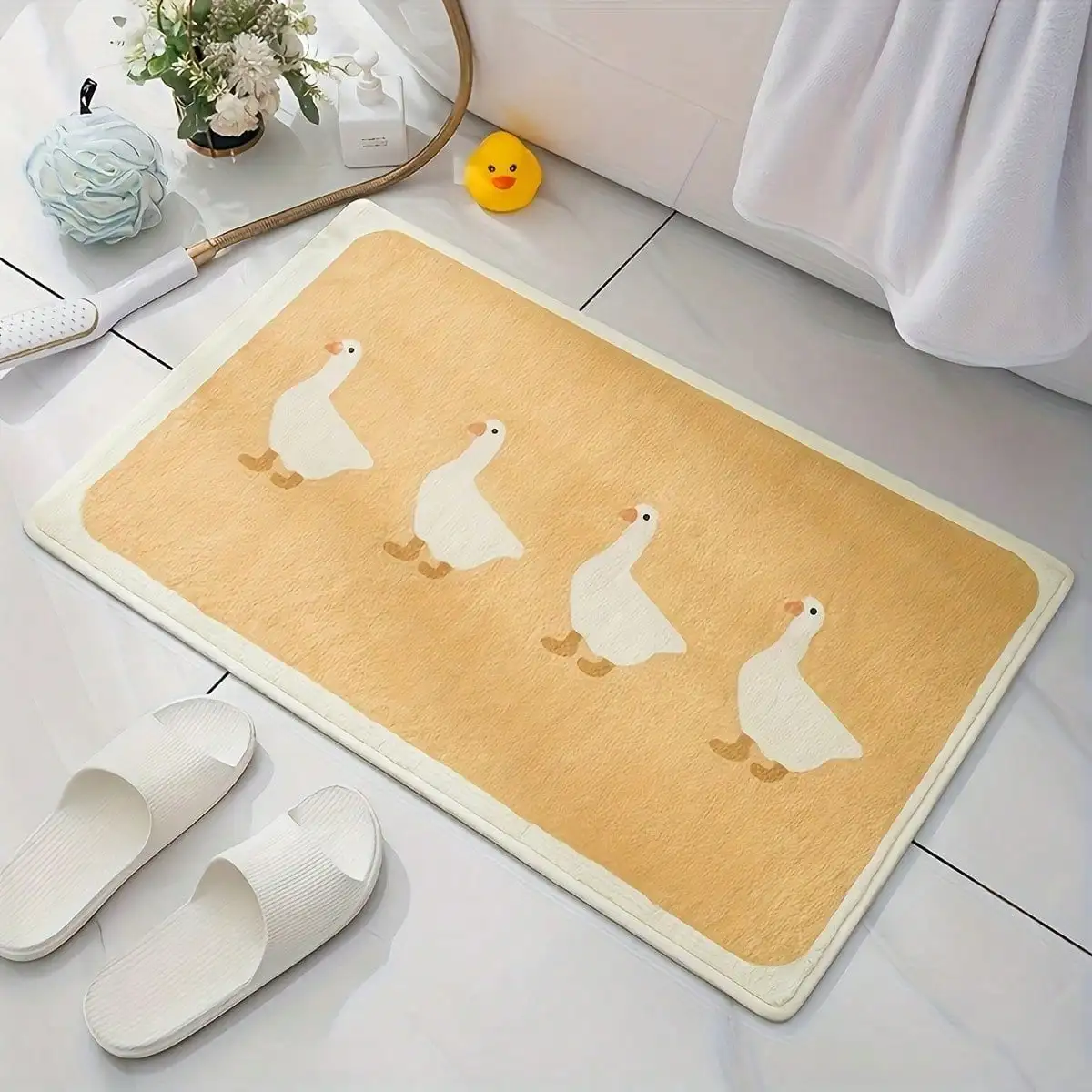 1pc Cute Cartoon Duck Bath Mat, Flannel 2D Pattern Printing Non-Slip Absorbent Bathroom Rug, Washable Polyester Fabric, PVC Backing, Home Decor For Bedroom Living Room Entryway, Bathroom Rug