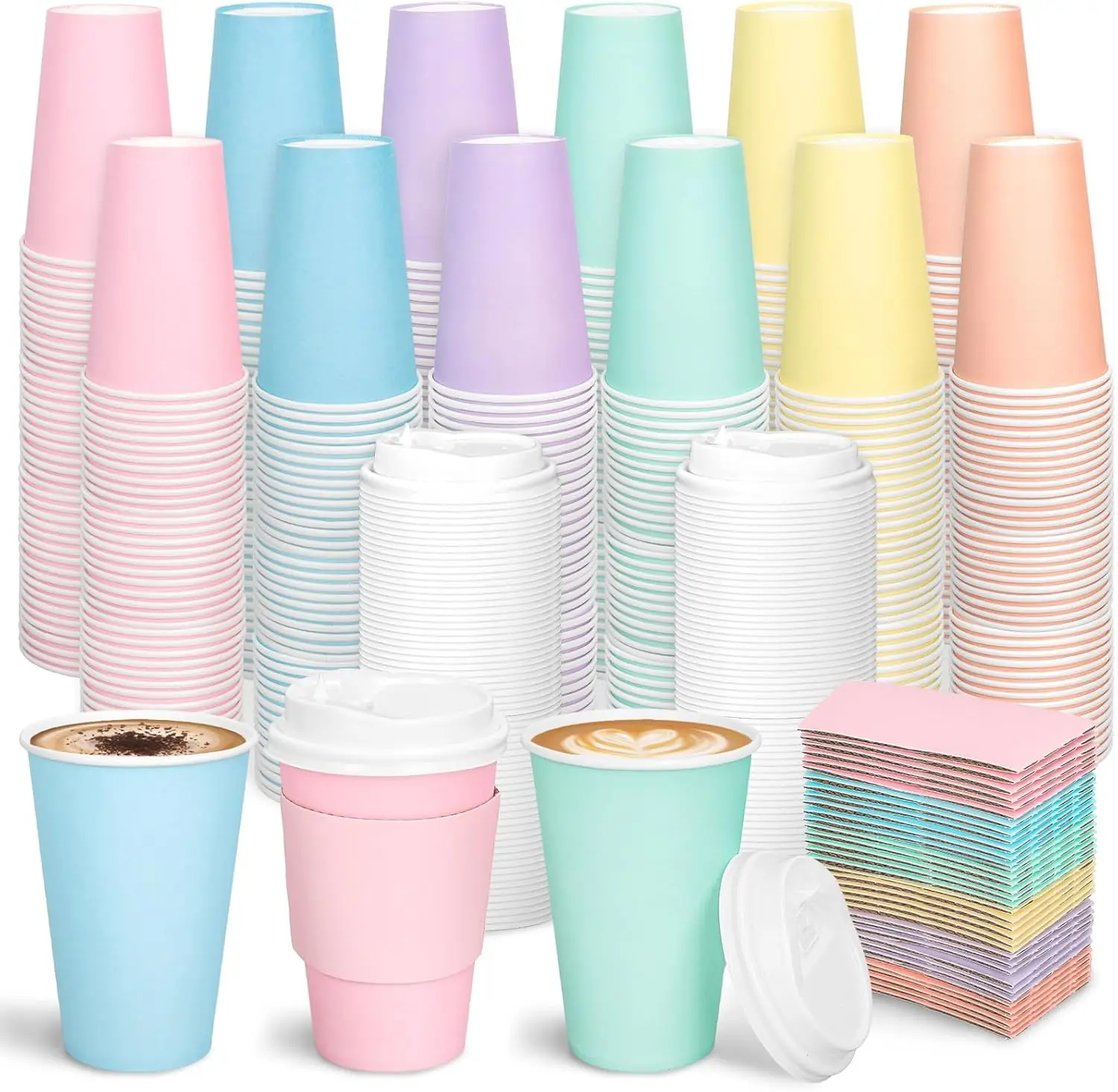 

120 Set Spring Easter Disposable Coffee Cups with Lids and Sleeves 12 Oz Pastel Color To Go Travel Paper Drinking Cups f
