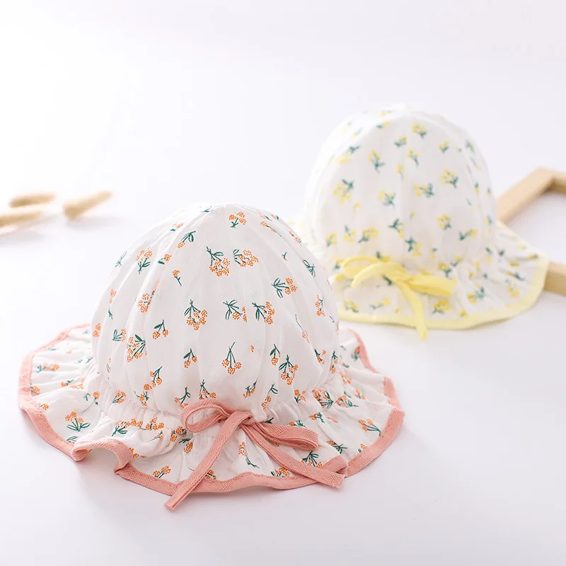 

0-18Month Baby Sunscreen Hat Kids Spring Summer Drawstring Fisherman Hats Lovely Bow Girl Print Basin Cap Thin Cotton Sun Visors