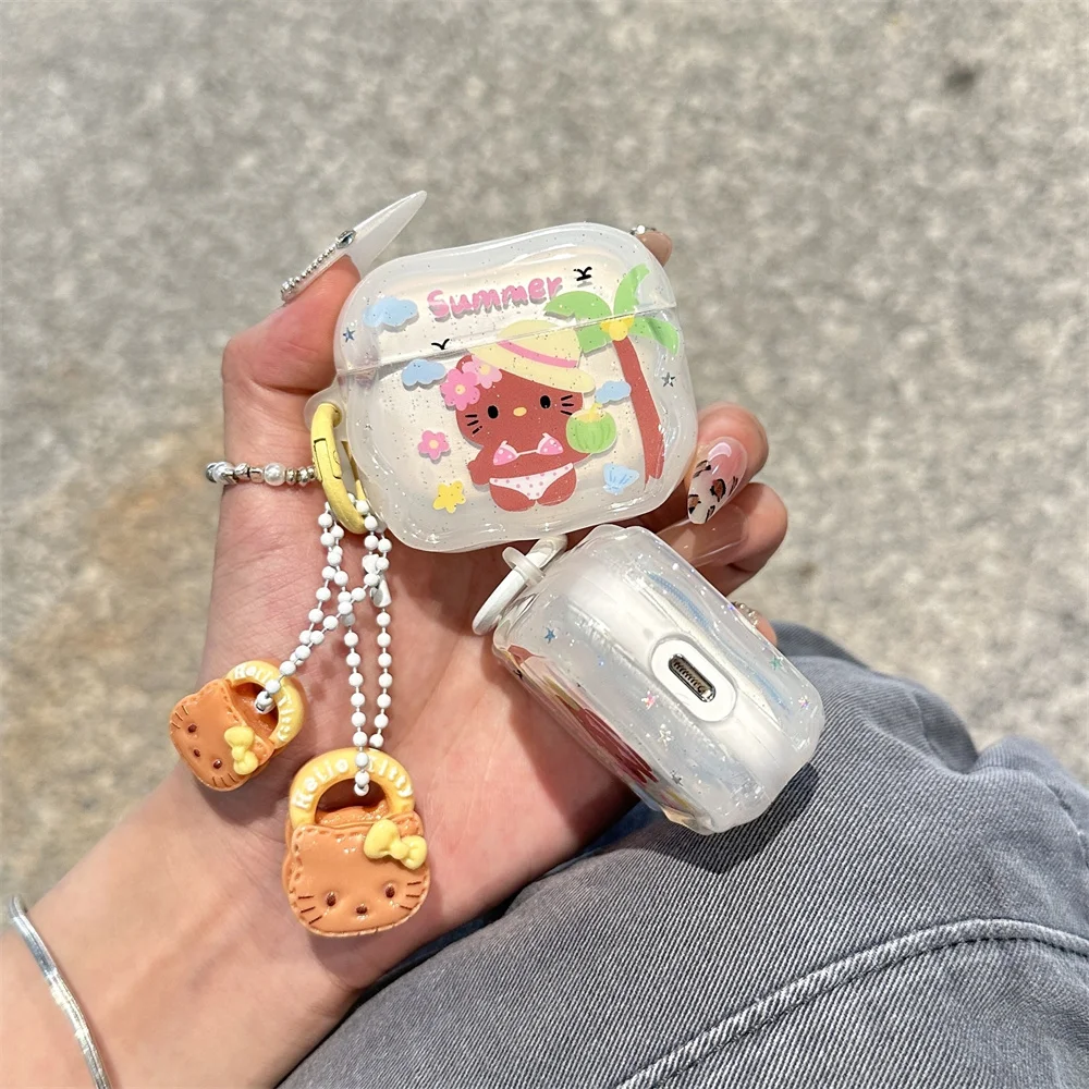 Koreanische INS Fashion Glitter Hello Kitty Kopfhörerhülle für Airpods 4 3 2 Airpods Pro 2 Fundas mit 3D-Charm-Kopfhörer Niedliche Hülle