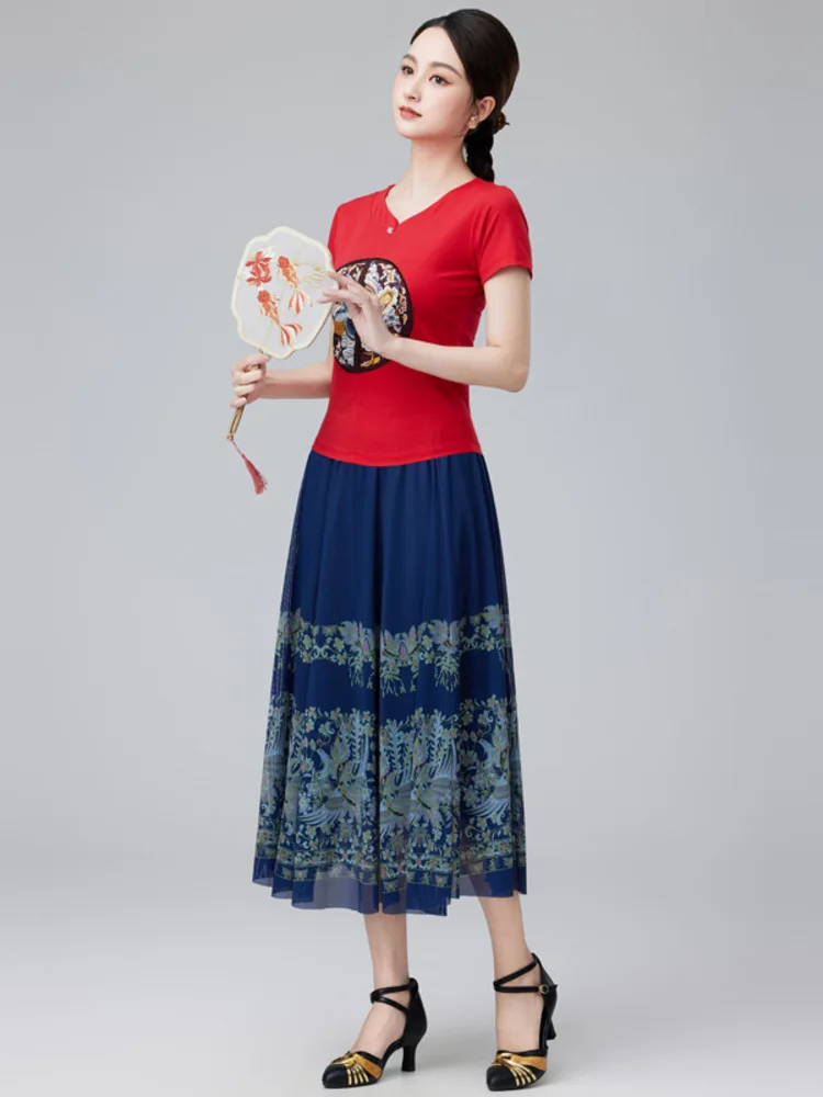 Feminino bordado decote em v manga longa topo e saia de cintura alta 2 peça conjunto traje de dança moderna palco desempenho prática outfit