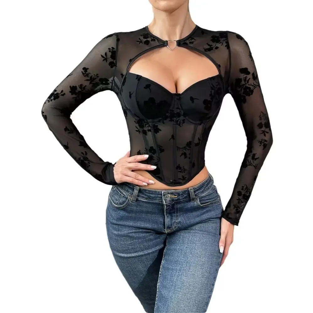 Breathable Long Sleeve Lace Bodice Top European And American Style Shaping Lace Shirt Fishbone Design Tight Fit Corset Top