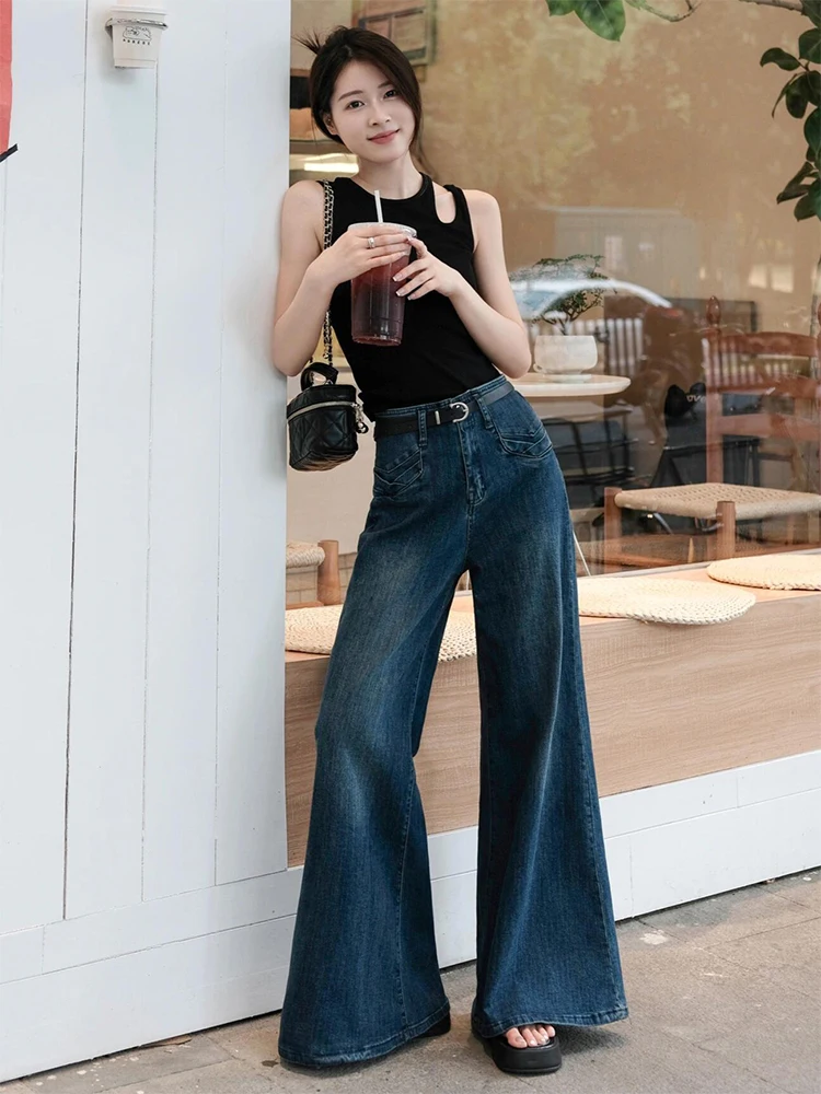 

Hong Kong Style High Waist Wide Leg Jeans Women's Loose Fit Floor Length Blue Denim Pants Autumn Season Ladies Fashion