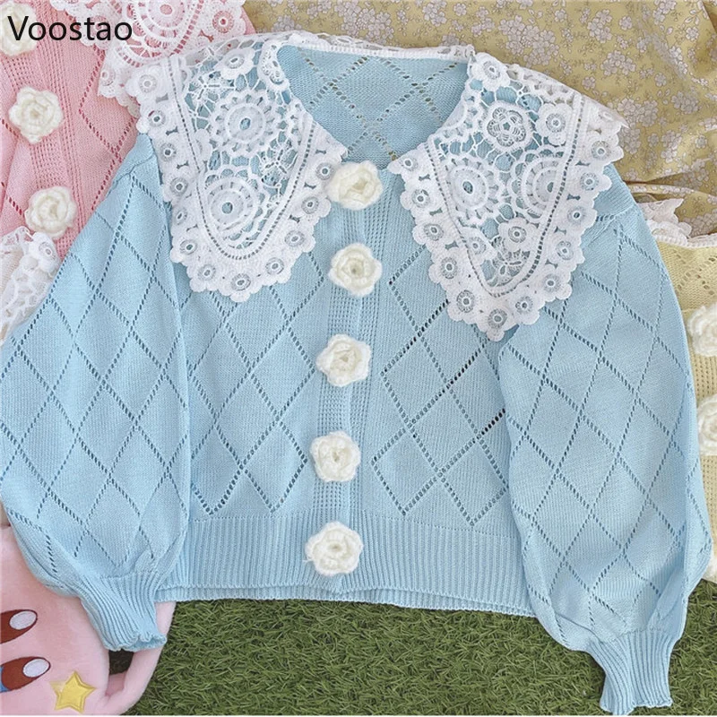 Dolce stile Lolita Cardigan lavorato a maglia donna Kawaii pizzo colletto Peter Pan bottone floreale maglione allentato cappotto ragazze Harajuku