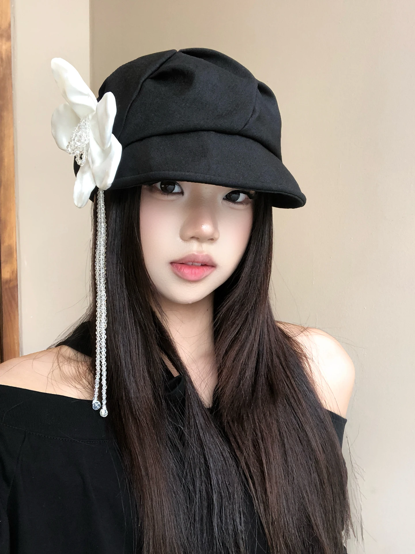 Retro Detachable Flower Decorated Beret Hat Women's Summer Fashion Versatile Atmosphere Cloud Painter Capsule Collection