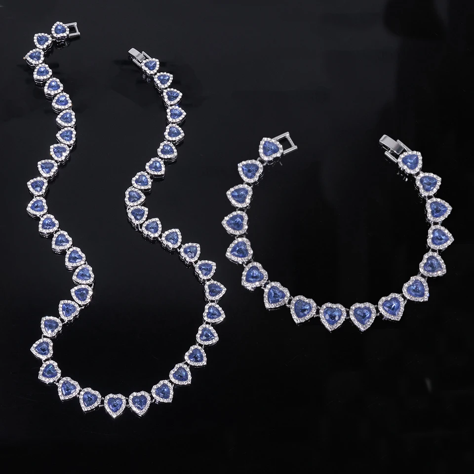 Yupsk 45/20CM Sliver Color Blue Heart Rhinestones Hip Hop Necklace Bracelet Jewelry Set Shining Crystal Party Jewelry