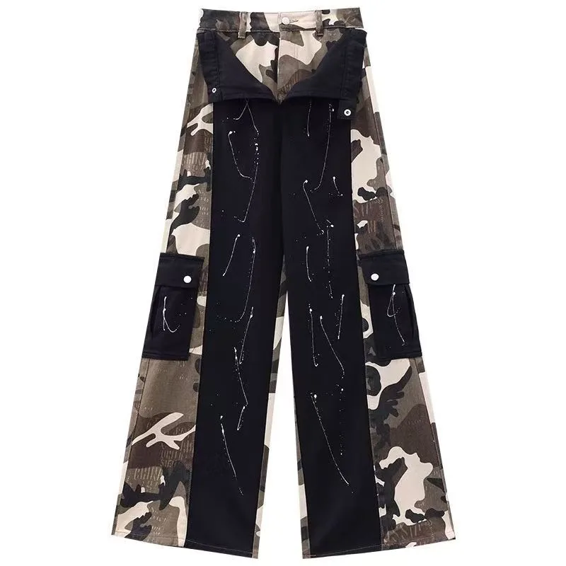 

Уличная одежда, американские камуфляжные женские джинсы-карго с двумя вышивками, топ 2022, джинсы с высокой талией Gothel Harajuku, повседневные трендовые брюки