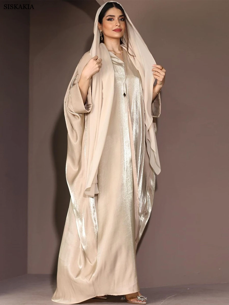 Siskakia-Cardigan à manches chauve-souris en satin brillant pour femme, robe musulmane modeste, kimono de Dubaï, Abaya ouverte, Corban Eid, grande
