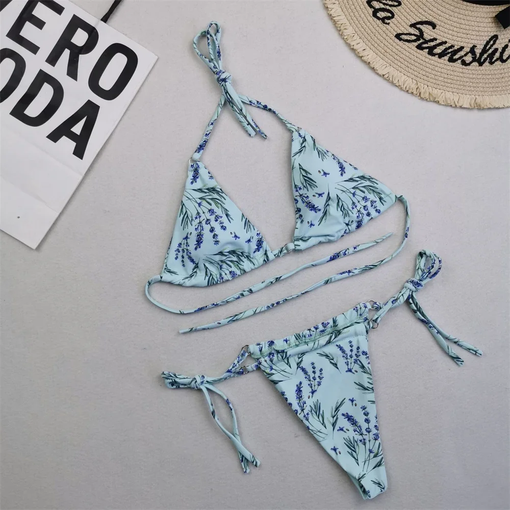 

Fashion Print Bikini Thong String Sexy Triangle Swimsuit Split Vintage Swimwear Trend Women Micro Beach Bathing Suit Bikinis Set