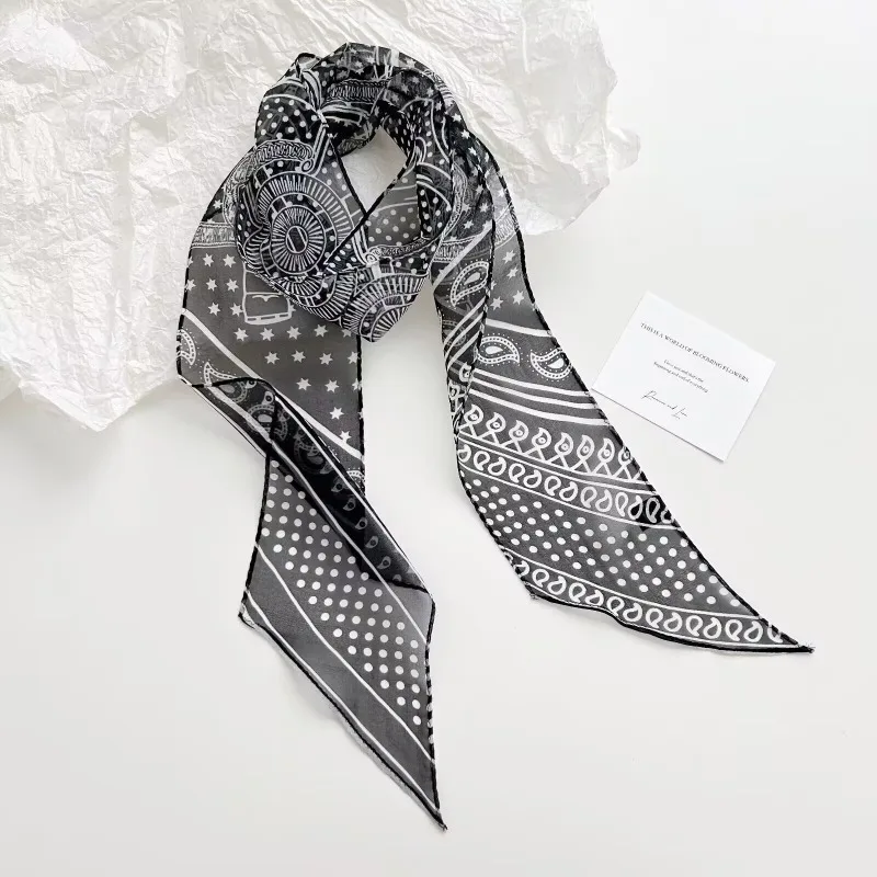 Vintage Printed Chiffon Scarf Women Elegant Silk Neck Scarf Multiusage Headwear Bag Ornament for Office Dating Outdoor Travel