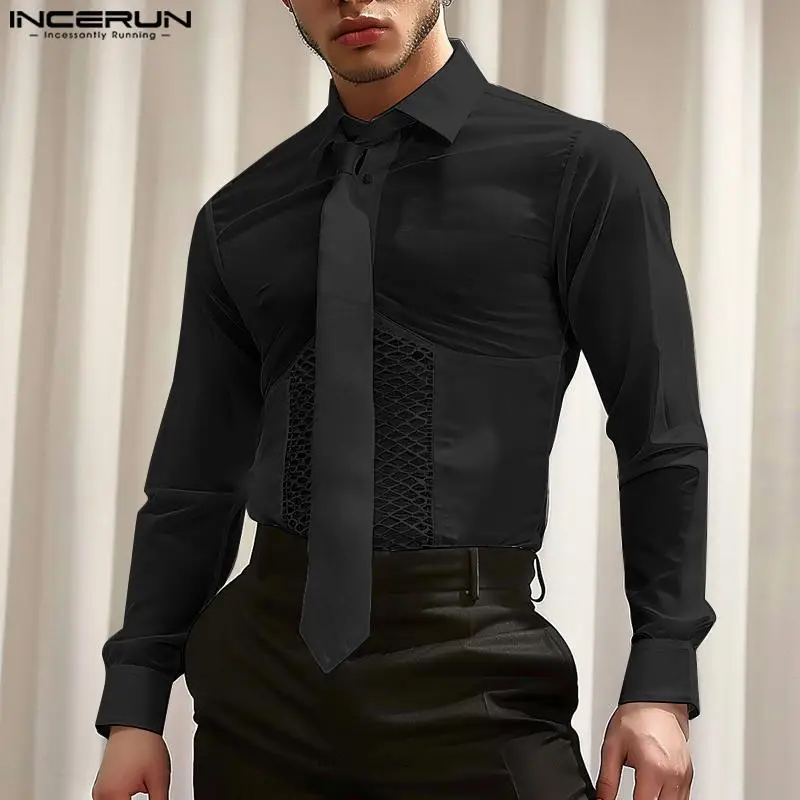 INCERUN Men Shirt Mesh Patchwork Lapel Tie Long Sleeve Fitness Transparent Men Clothing Streetwear 2024 Fashion Casual Camisas