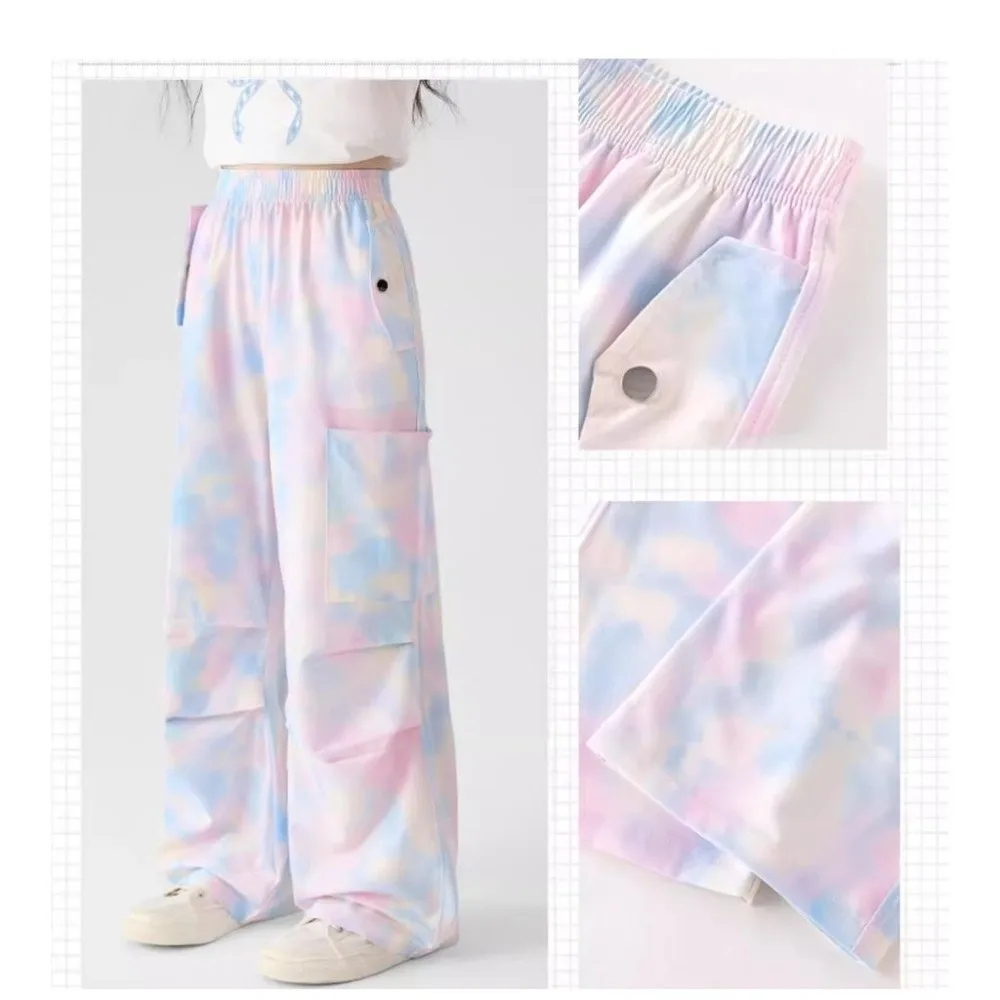 Quick Dry Tie-dye Cargo Pants Korean Style Elastic Fabric Wide Leg Pants Mosquito Proof Breathable Loose Fit Trousers