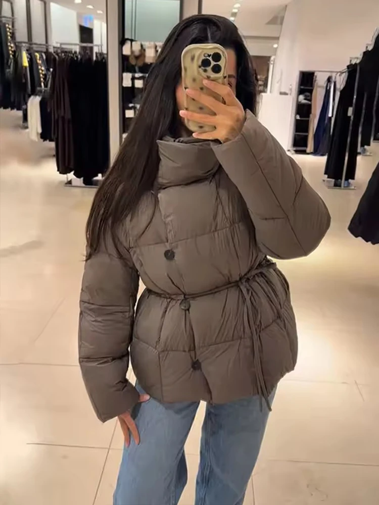 Winter Commute Street Outwears Women Solid Lace Up Cotton Coat Fashion Lapel Long Sleeve Warm Pocket Loose Short Coats New Lady