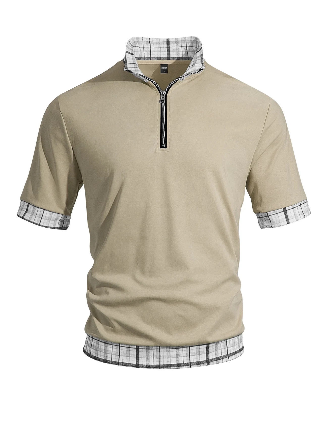 New men's pure cotton patchwork collar casual business shirt with half-zip short-sleeved polo shirt for spring and autumn
