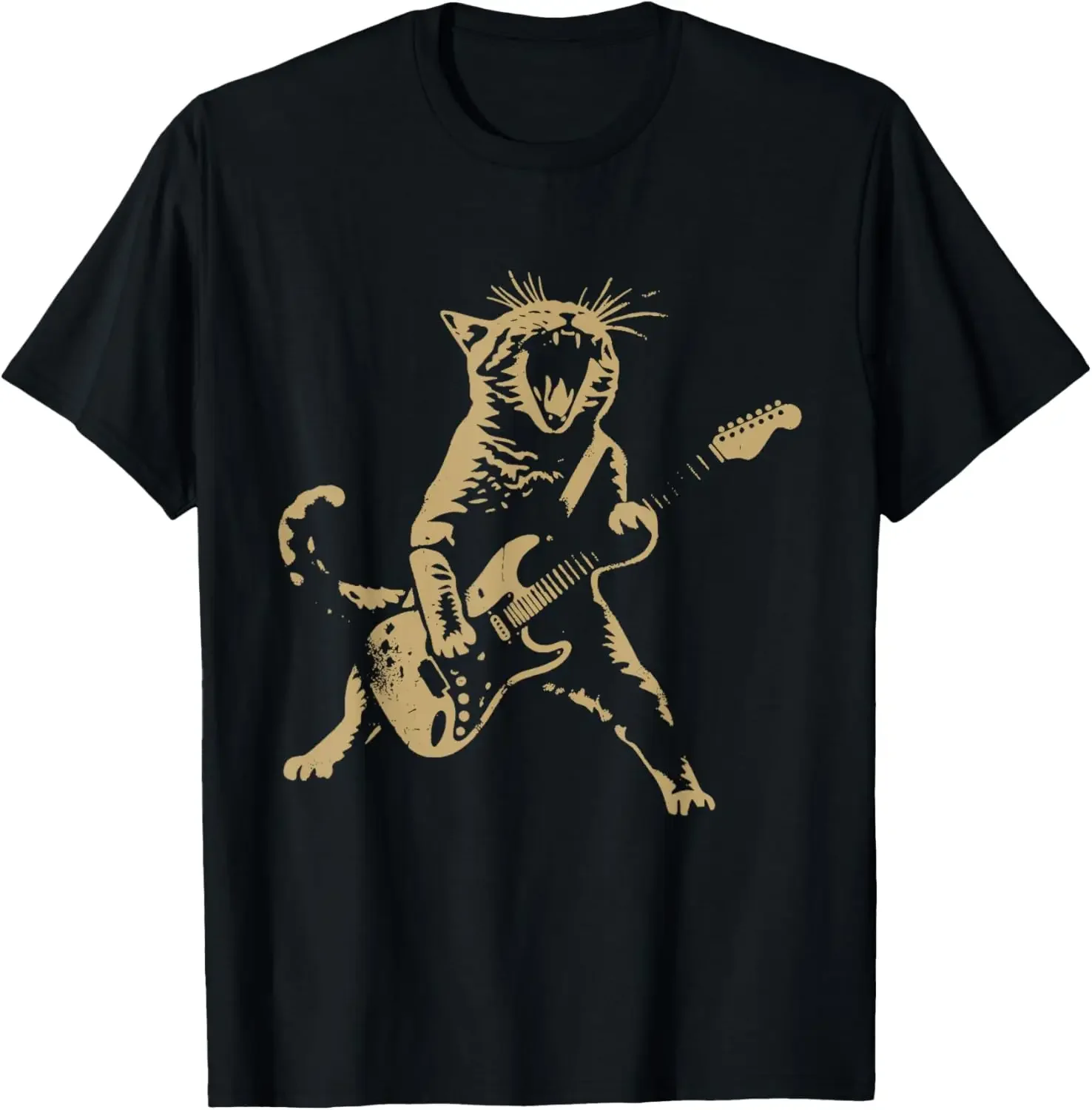 Funny Guitar Cat Rock Humorous Kitty Lover Cat Playing Guitar T-Shirt Graphic Tee Cute Musical Rock Comics Kitten Outfits Gift