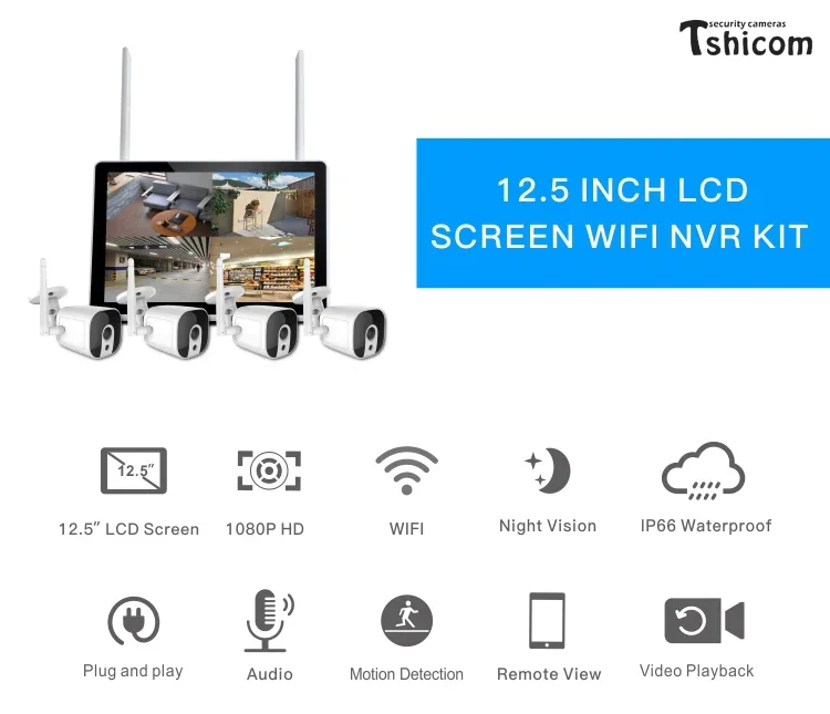 TUYA Smart Wi-Fi 4CH NVR Kit 12-calowy wyświetlacz LCD HD 1080P Bezprzewodowy nadzór noktowizyjny Domowy system CCTV Kamera bezpieczeństwa