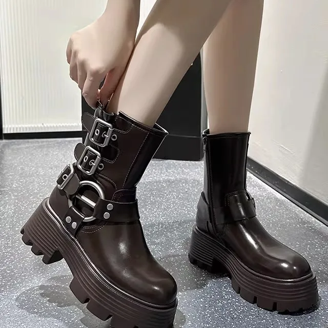 

Retro Boots Women's Leather Low-Cut Thick Bottomed Knight Style Jeans Boots Fashionable Autumn Season High Heel
