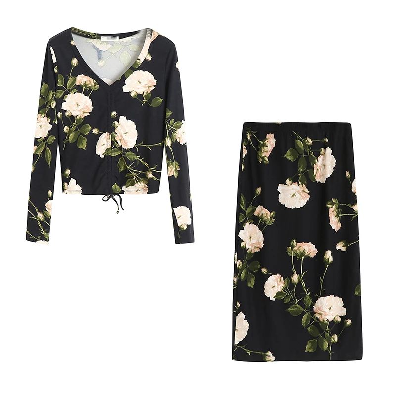 

Elegant Sweet Style V-Neck High Waist Short Shirt Soft Comfortable Long Sleeve Half Body Skirt for Women